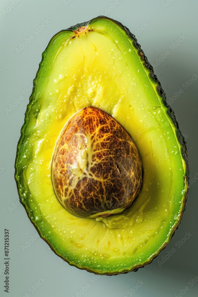 Poster fresh avocado cut in half on a table, ready for use or display