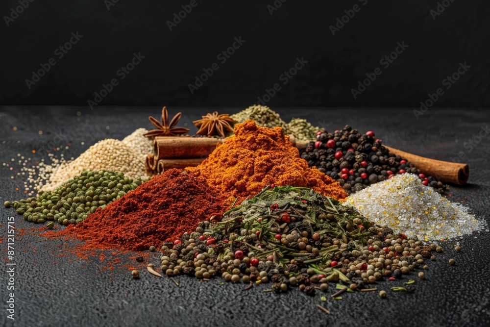 Poster A pile of various spices arranged on a dark or black surface, great for use in food and cooking related contexts