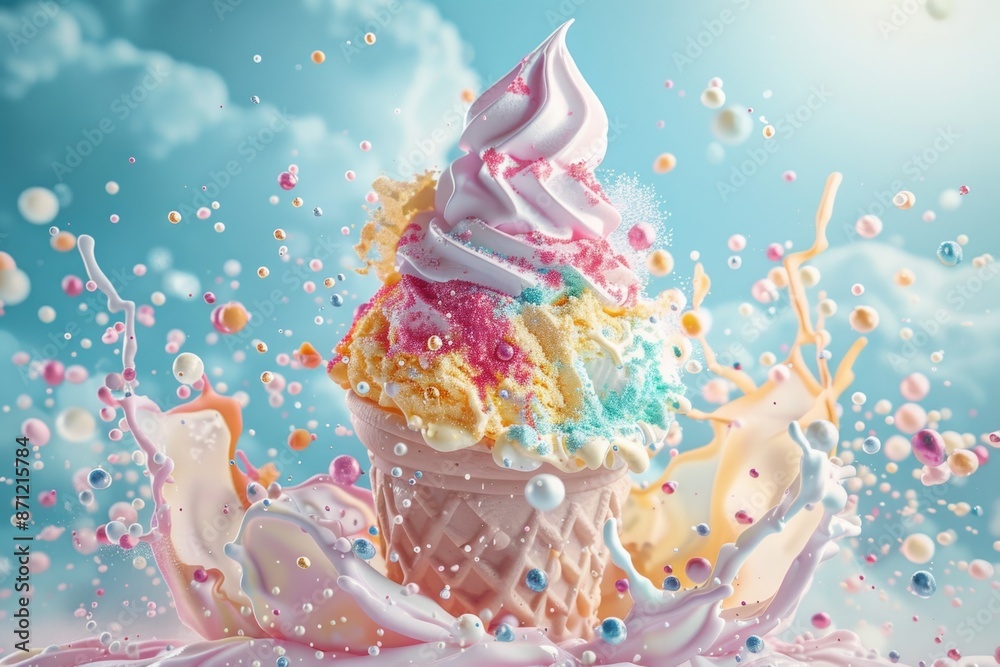 Wall mural A colorful ice cream cone with sprinkles and bubbles, perfect for a fun outdoor treat