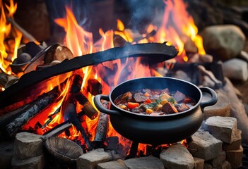 rustic cast iron pot hearty stew cooking outdoors open traditional homestyle cuisine, fire, food, savory, delicious, simmering, bubbling, ingredients