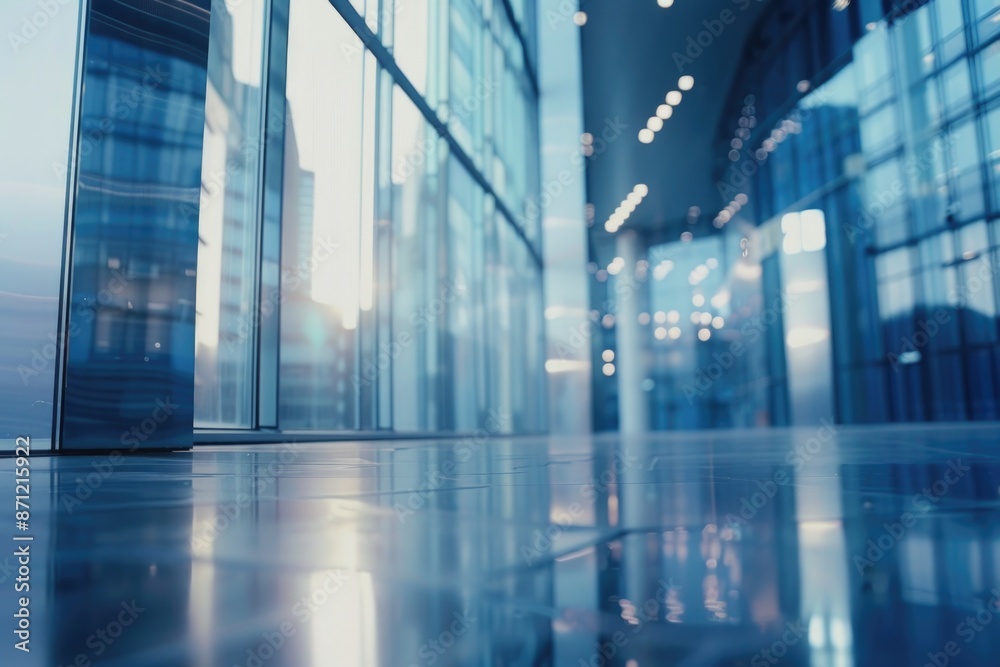 Poster A large glass building with numerous windows and a sleek design, ideal for use in business or architecture settings
