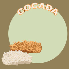 Cocada anúncio, doce de coco açucarado brasileiro, típica branca e preta, espaço para preço, cartaz