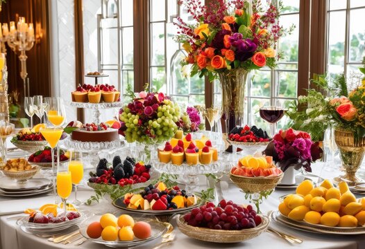 luxurious brunch elegant spreads refreshing mimosas, buffet, lavish, food, drink, dining, stylish, classy, delicious, gourmet, fancy, cuisine, selection