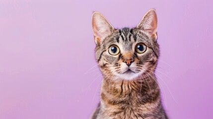 Obraz premium Charming gray tabby cat portrait in studio against purple background with copy space Pet concept