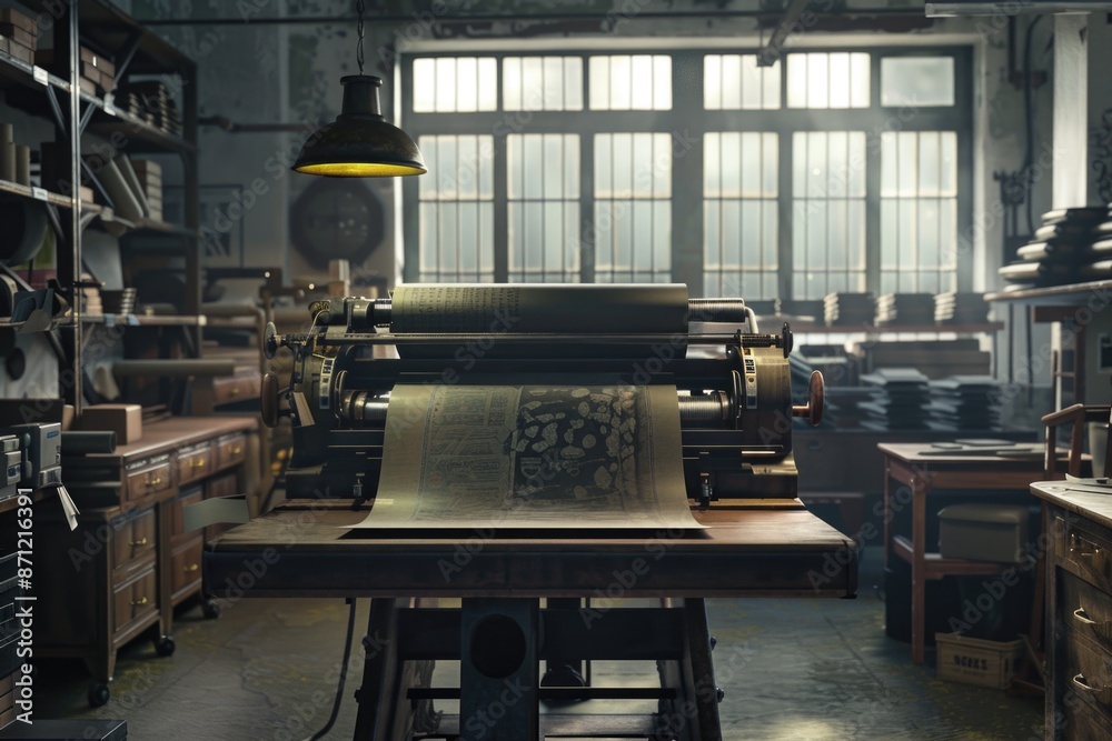 Poster a large printing machine in an open-plan office space with desks and chairs