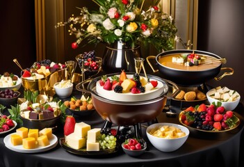 Naklejka premium luxurious fondue feast assorted dippable delicacies indulgence gourmet dining experience, cuisine, upscale, extravagant, fancy, premium, refined, exquisite