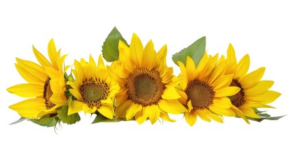 A group of sunflowers sit atop a clean white surface, ideal for decorative or branding purposes