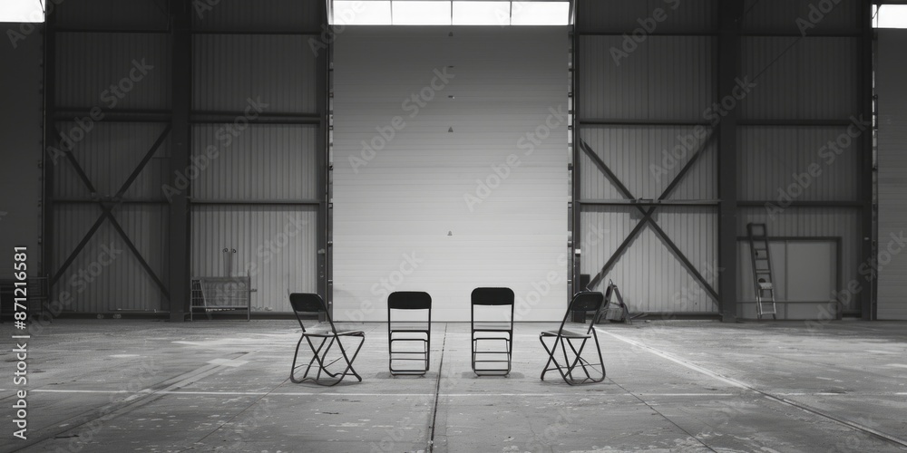Aufkleber two chairs placed in front of a building entrance, ideal for use as a decorative element or a symbol