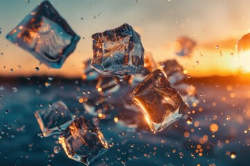 A unique scene with ice cubes suspended in mid-air, perfect for use in creative concepts about temperature control or frozen drinks