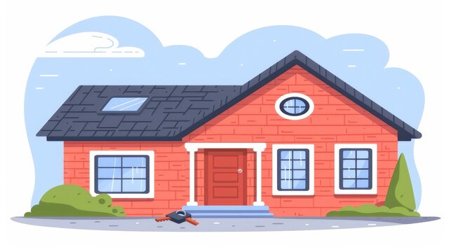 One story house layout with keys, ideal for real estate sales concept in flat illustration