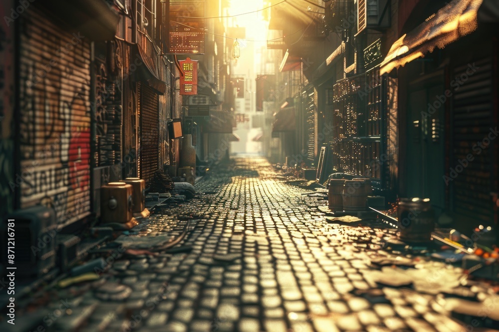 Poster a urban scene showing a street with a high amount of litter and trash on the sides, potentially high