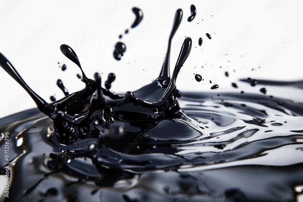 Poster a small amount of dark liquid splashes on a clean white surface, suitable for use in medical or scie