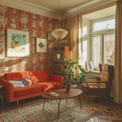 Interior of typical soviet style apartment. Old Soviet Russian living room poor interior