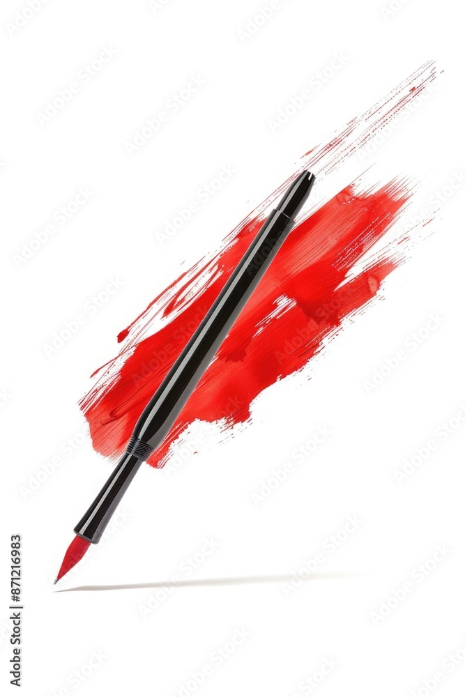Poster a small red brush with a black tip sitting on a white background, ready for use