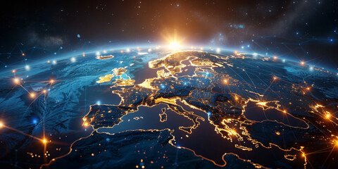 European telecommunication network connected over Europe, France, Germany, UK, Italy, concept about internet and global communication technology for finance.