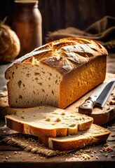 rustic loaf bread knife wooden table, bakery, homemade, artisan, sliced, crusty, cutting, handcrafted, vintage, farmhouse, utensil, antique, chopping