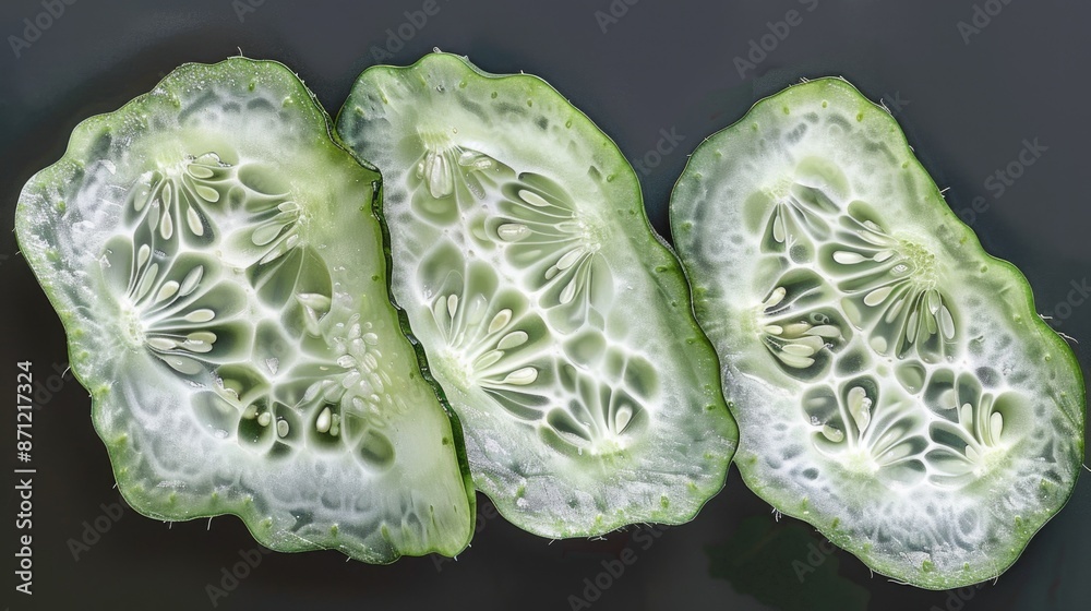 Poster Freshly sliced cucumber on a table
