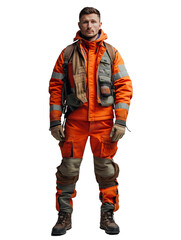 man in an orange jacket and .wearing a jacket, gloves, and shoes, suggesting is a construction worker. di-cut PNG transparent background generative ai