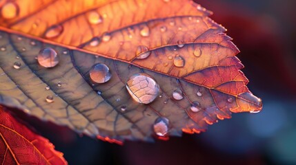 A close-up shot of a leaf with water droplets glistening on its surface