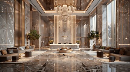 A 3D render of a luxury hotel reception lobby features opulent marble accents, plush seating, and elegant decor, all illuminated by soft lighting and grand chandeliers.