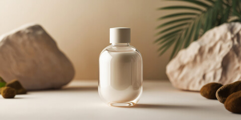 perfume container, cosmetic products, in a blurred font of rock and flower textures. for text