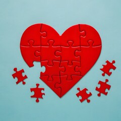 Red heart shaped puzzle with detached pieces on light blue background For Social Media Post Size