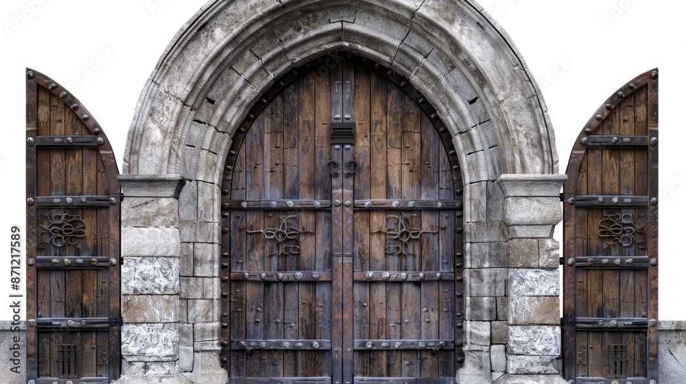 Poster A large wooden door with two arched windows, perfect for use in architectural or design settings
