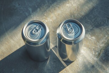Two cans of soda placed on a gray cement floor, perfect for a retro or industrial-themed setting