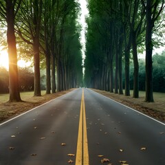 Obraz premium Straight road lined with tall trees creating a canopy, fallen leaves For Social Media Post Size