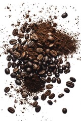Obraz premium A pile of coffee beans sits next to a pile of ground, perfect for brewing or as a decorative accent