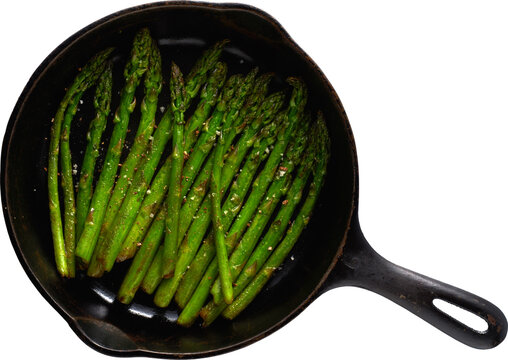 A pan of cooked asparagus restaurant side - Ready to use Premium PNG Cutout Isolated image, top view