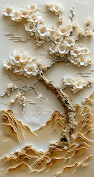 Beautiful sakura tree and mountain 3d relief wallpaper. Mural wallpaper. Wall art. 