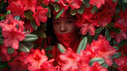 A mysterious woman wears a red scarf covering her face, surrounded by vibrant red flowers