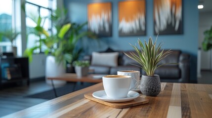 Fototapeta premium office coffee nook, transforming a quiet nook in the busy real estate office into a welcoming coffee station, ideal for ensuring clients feel relaxed and at ease