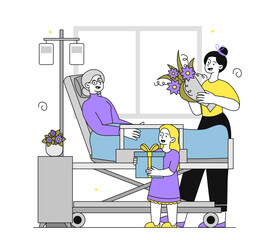 Hospital family visit. Woman with bouquet of flowers and daughter came to visit grandmother. Visit to patient in hospital. Treatment, medicine and health care. Linear flat vector illustration