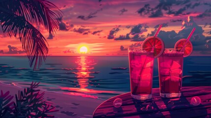 summer cocktail illustration, enjoy tropical cocktails on a beach at sunset in this vibrant pop art summer scene, evoking a serene and tranquil atmosphere