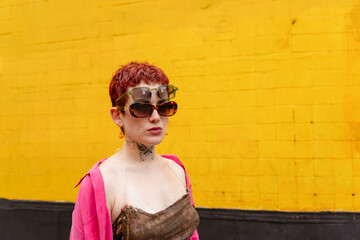 Woman With Sunglasses Against Yellow Background
