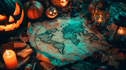 poster for a halloween treasure hunt, fun background.