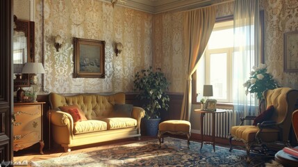 Interior of typical soviet style apartment. Old Soviet Russian living room poor interior
