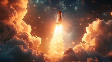 Envision a dynamic 3D render: the launch of a new product or service portrayed through a technology development process, reminiscent of a space rocket liftoff 