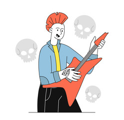 Informal with electric guitar. Punk with musical instrument performing at scene. Talented artist and musician plays rock music. Linear flat vector illustration