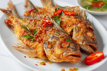 Three flavored fried fish with sweet and spicy sauce Pla Rad Prik on white plate