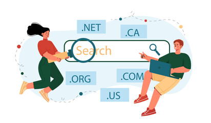 Information search concept. Man and woman with magnifying glass near website page. Users on internet. Search for knowledge online. Flat vector illustration