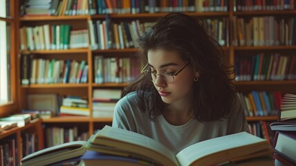 A student deeply engaged in studying at a library desk, surrounded by stacks of books and warm lighting. AIG58