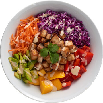 Vegan Plant based tofu healthy poke bowl greens fres, meal food salad vegetables healthy plate lunch gourmet - Ready to use Premium PNG Cutout Isolated image, top view
