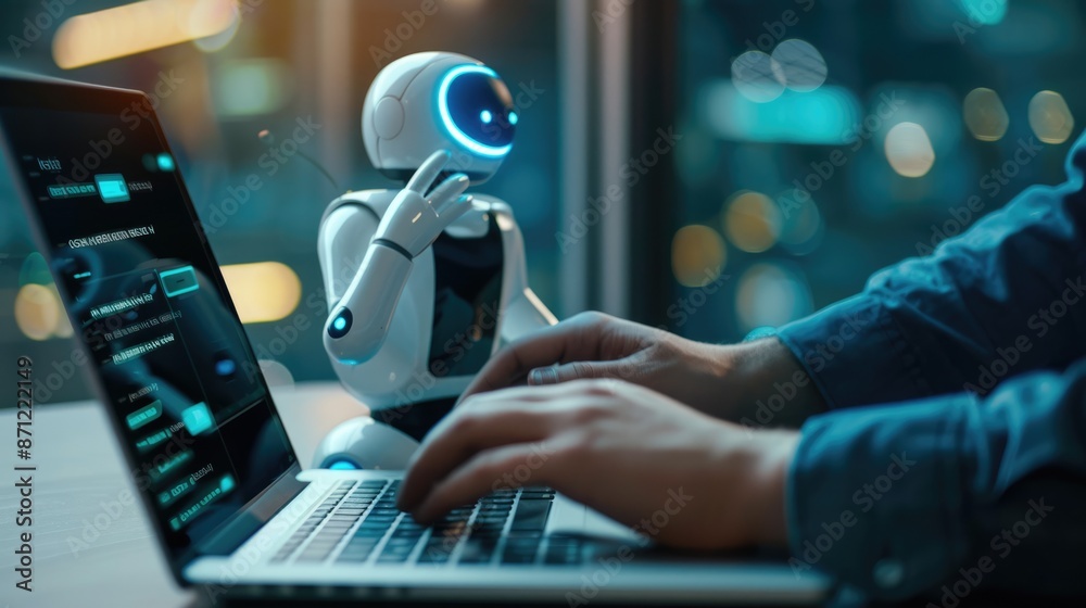 Poster an illustration of a robot using a laptop symbolizes technology and coding in artificial intelligenc