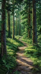 Fototapeta premium Forest trail through lush green woods, nature scene