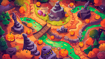 Game map. Halloween theme. Cartoon, funny style.