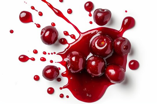 Top view of isolated cherry jam drizzle on white background with splashes of red berry jam
