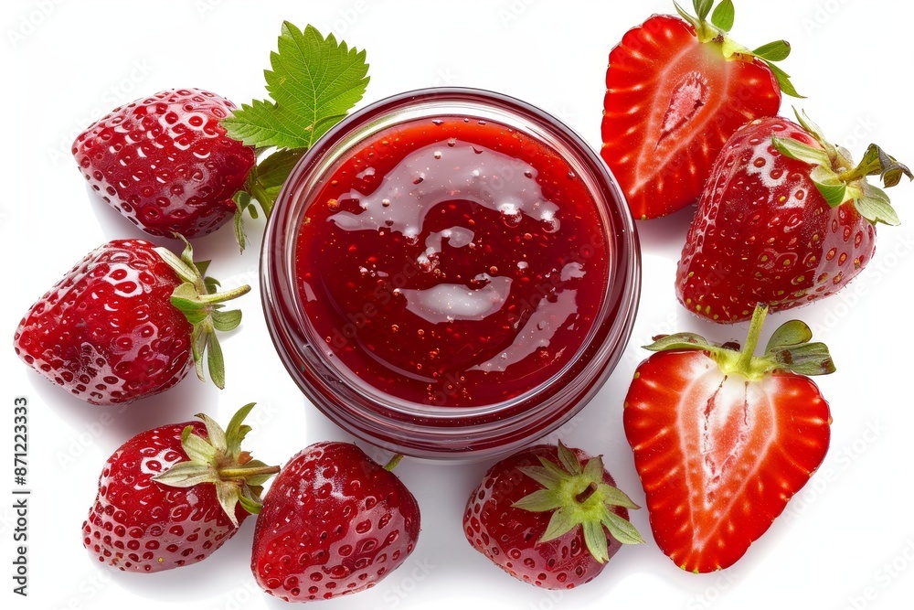 Poster Top view of red strawberry jam on white background with full depth of field isolated with clipping path